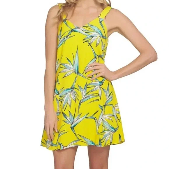 1. State Sunny Yellow Tropical Floral Mini Shift Dress Medium Vibrant Casual - Picture 10 of 12